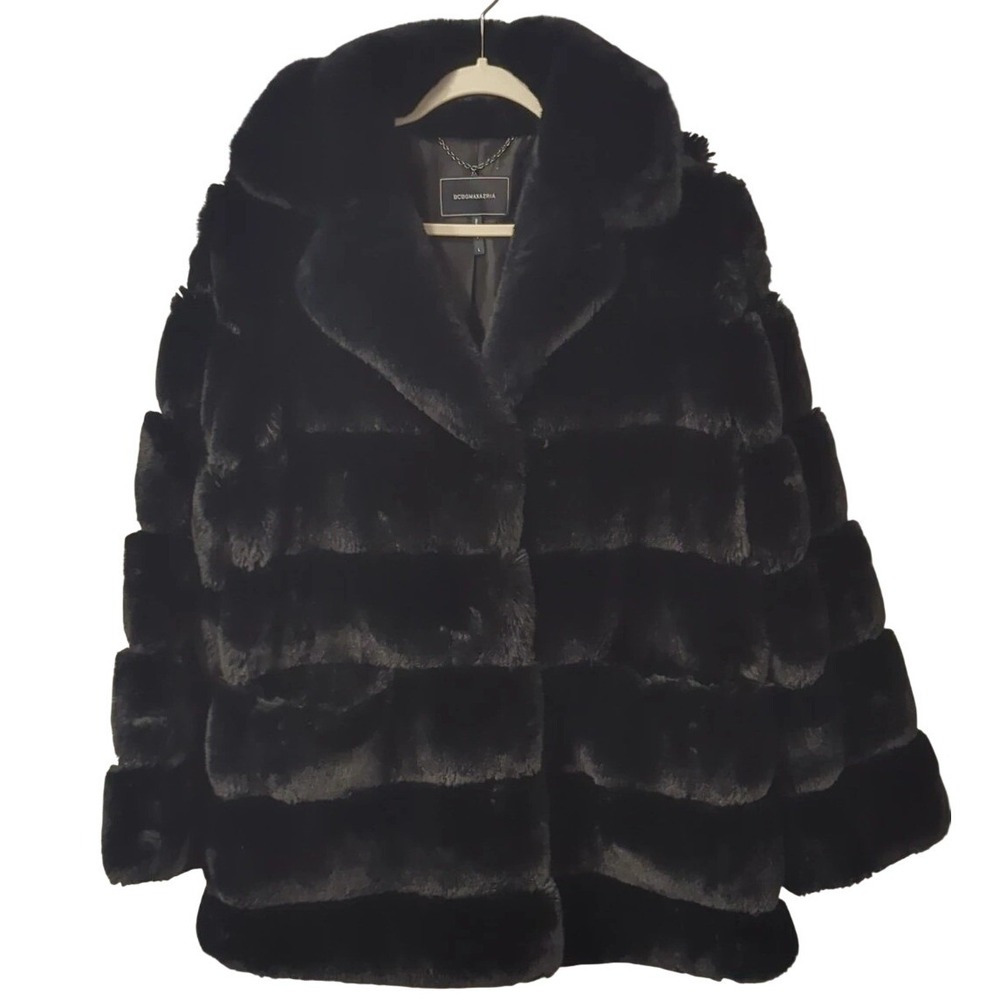 BCBGMAXAZRIA Channel Faux Fur Jacket Black Large